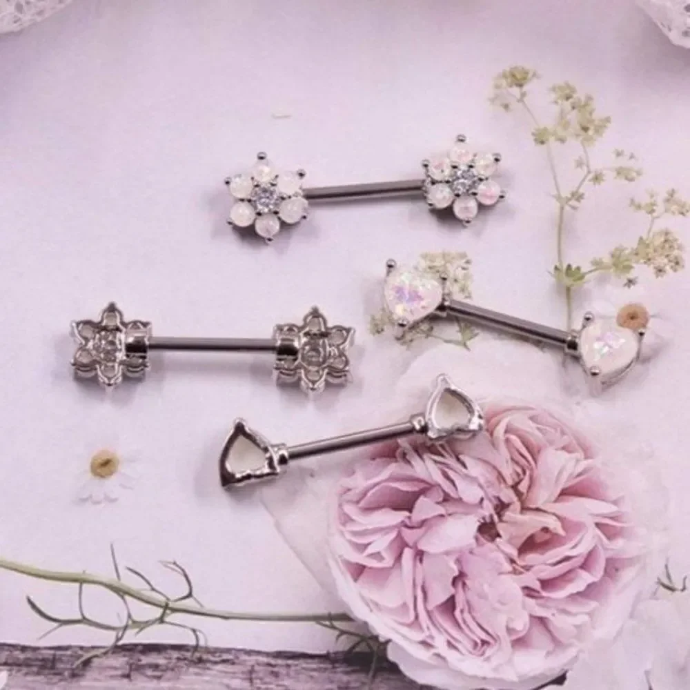 14G 316L Opal Flower and Heart Cubic Zirconia Nipple Rings - 2 Sets